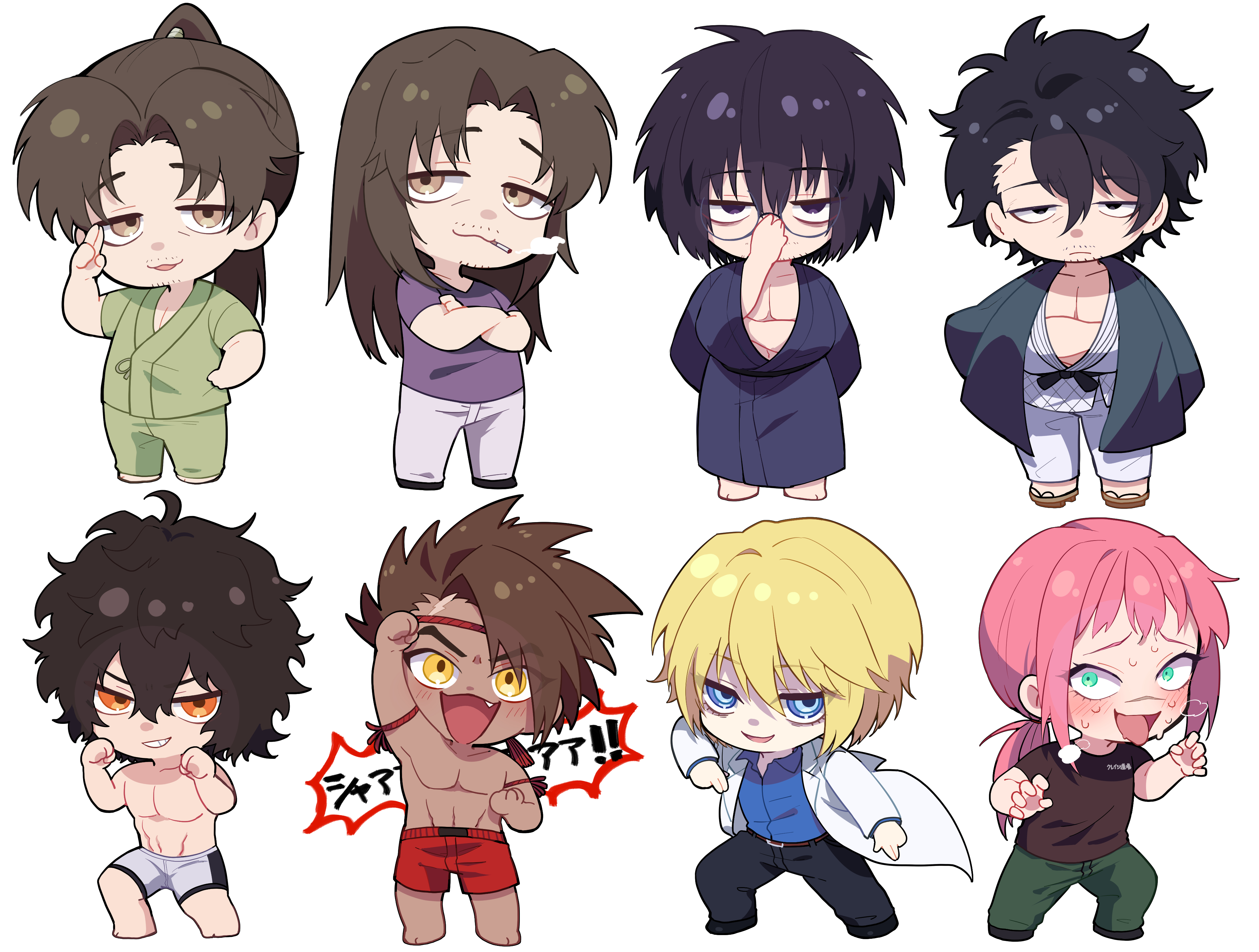 nekoma hikaru, imai cosmo, kureishi mitsuyo, tokita ouma, kengan (series), kengan ashura, absurdres, character request, commentary request, highres, 6+boys, adjusting eyewear, arm up, belt, black hair, black pants, blonde hair, blue eyes, blue kimono, blue shirt, claw pose, collared shirt, crossed arms, facial hair, fighting stance, glasses, green pants, green shirt, hatsumi sen, heavy breathing, japanese clothes, kimono, male focus, multiple boys, mustache stubble, pants, pectoral cleavage, pectorals, pink hair, ponytail, purple shirt, red shorts, sandals, saw paing yoroizuka, scar, scar on face, shirt, shorts, smoking, stubble, tokuno'o tokumichi, topless male, yellow shorts
