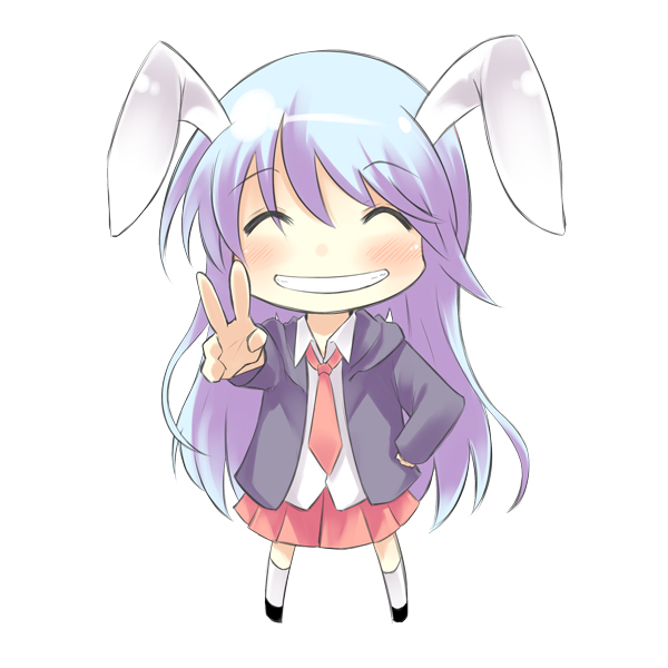 mukunoki nanatsu, nanatsu, reisen udongein inaba, touhou, bad id, bad pixiv id, 1girl, ^ ^, animal ears, blazer, blue hair, chibi, closed eyes, female focus, happy, jacket, long hair, necktie, pleated skirt, rabbit ears, red necktie, simple background, skirt, smile, solo, v