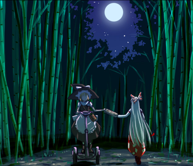 verynezumi, fujiwara no mokou, kirisame marisa, touhou, 2girls, bamboo, bamboo forest, blonde hair, female focus, forest, hair ribbon, hat, long hair, moon, multiple girls, nature, night, ribbon, segway, white hair, witch, witch hat