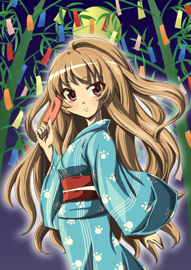 nikyu, aisaka taiga, toradora!, 00s, 1girl, bamboo, bamboo forest, blue kimono, blush, brown eyes, brown hair, female focus, forest, japanese clothes, kimono, long hair, moon, nature, paw print, smile, solo, tanabata, tanzaku, yukata