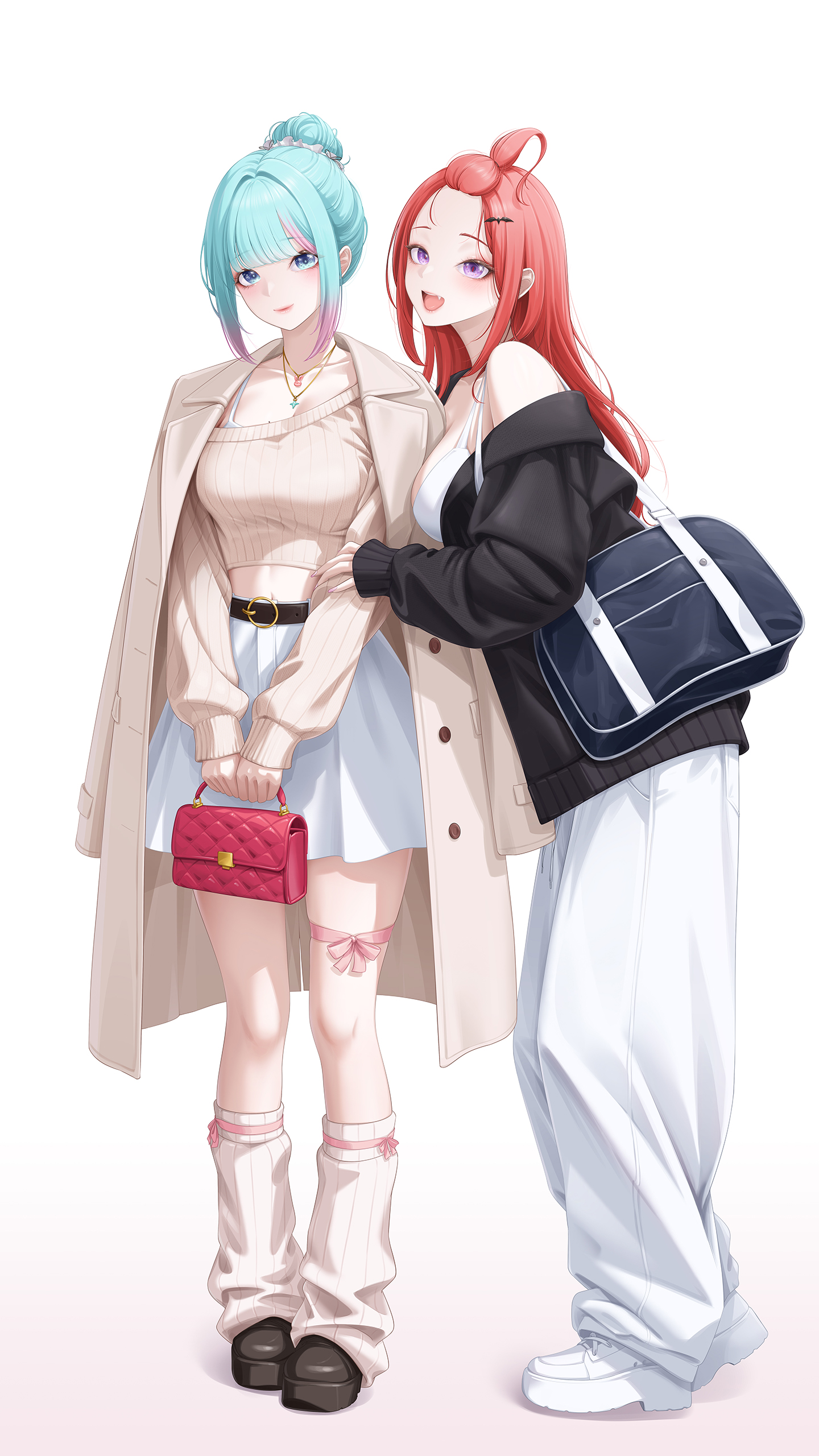 myomomoo, eris (charon universe), karin (charon universe), charon universe, absurdres, hashtag-only commentary, highres, 2girls, aqua hair, bag, bangs pinned back, bare shoulders, belt, black jacket, black shoes, blue eyes, breasts, brown coat, brown sweater, casual, coat, coat on shoulders, crop top, cropped sweater, forehead, full body, gradient hair, hair bun, handbag, holding, holding bag, jacket, jewelry, large breasts, long hair, long sleeves, looking at viewer, loose socks, medium breasts, midriff, multicolored hair, multiple girls, necklace, off shoulder, open mouth, pants, purple eyes, red hair, shirt, shoes, shoulder bag, simple background, skirt, sleeveless, sleeveless shirt, smile, socks, sweater, white background, white pants, white shirt, white skirt, white socks