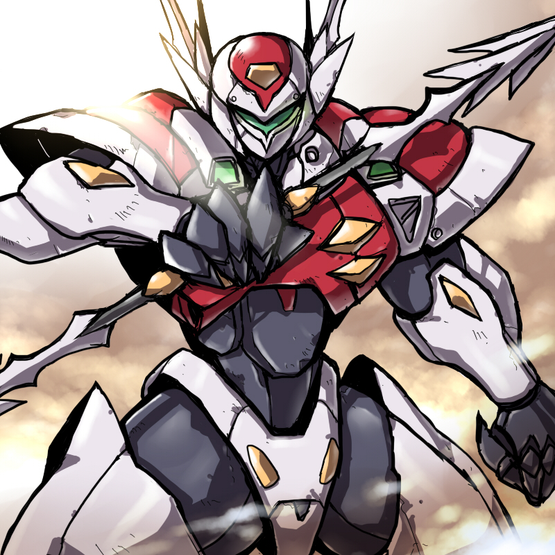 inaho, aiba takaya, tekkaman blade, 1990s (style), armor, mecha, no humans, power armor, retro artstyle, robot, solo, sword, weapon