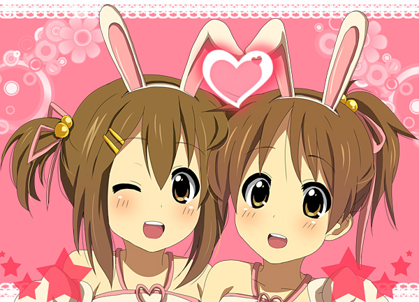 hirano yui, hirasawa ui, hirasawa yui, k-on!, bad id, bad pixiv id, 00s, 2girls, animal ears, brown eyes, brown hair, heart, multiple girls, ponytail, rabbit ears, short hair, siblings, sisters, twintails, wink