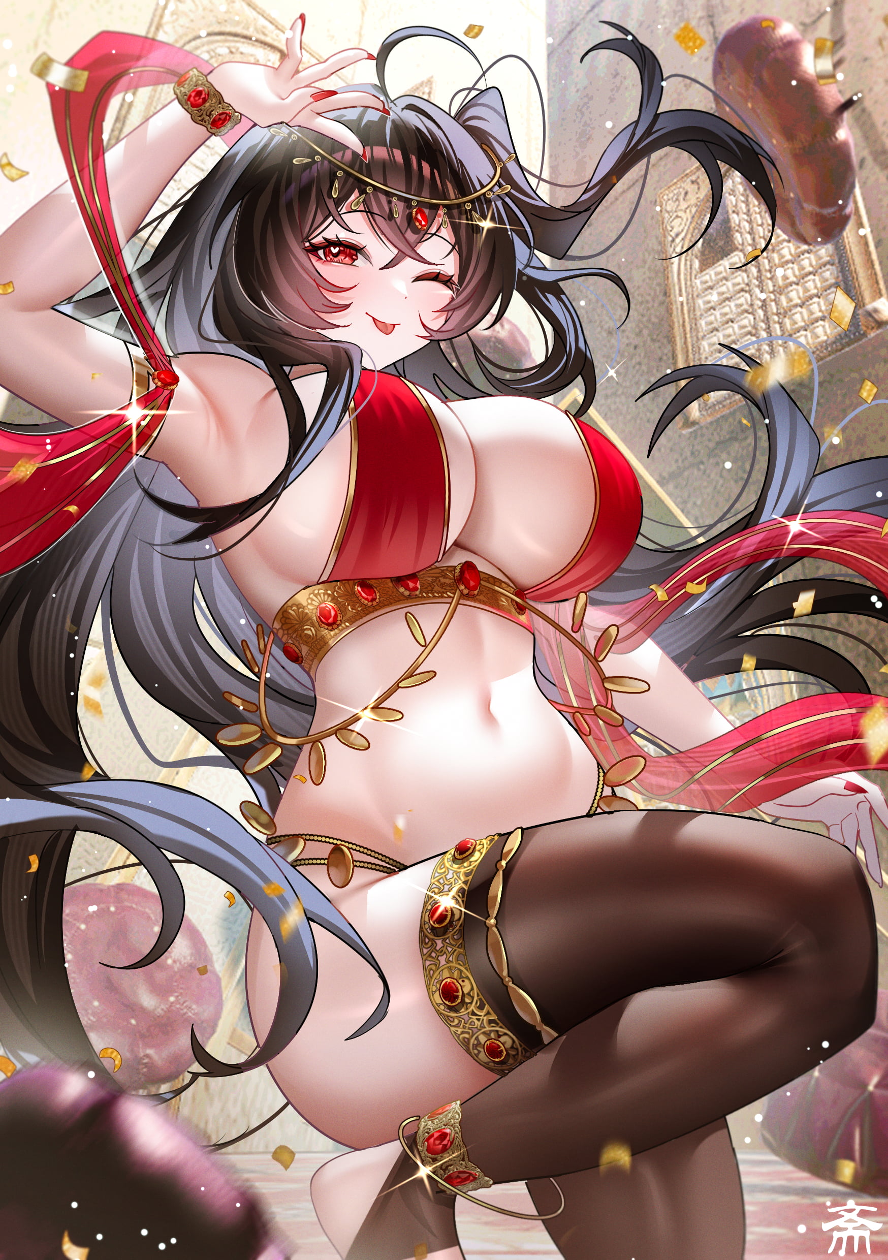 tansuan (ensj3875), taihou (azur lane), azur lane, absurdres, commentary request, highres, 1girl, :p, alternate costume, arm up, armlet, armpits, bare shoulders, black thighhighs, blush, breasts, closed mouth, crossed bangs, dancer, heart, heart in eye, jewelry, large breasts, long hair, navel, one eye closed, red eyes, sideboob, smile, solo, stomach, symbol in eye, thighhighs, thighs, tongue, tongue out