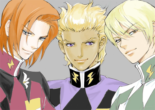 rose (corundum), dearka elsman, heine westenfluss, miguel aiman, gundam, gundam seed, gundam seed destiny, lowres, 00s, 3boys, blonde hair, brown eyes, dark-skinned male, dark skin, male focus, military, military uniform, multiple boys, orange hair, purple eyes