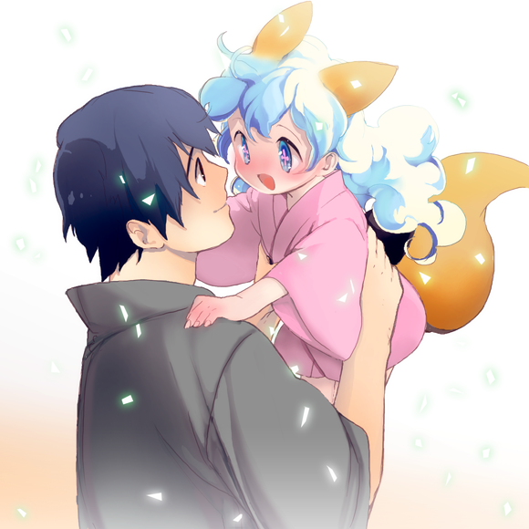 kanke (yonkuma), nia teppelin, simon (ttgl), tengen toppa gurren lagann, + +, 00s, animal ears, cross-shaped pupils, fox ears, fox tail, japanese clothes, kemonomimi mode, robe, smile, symbol-shaped pupils, tail