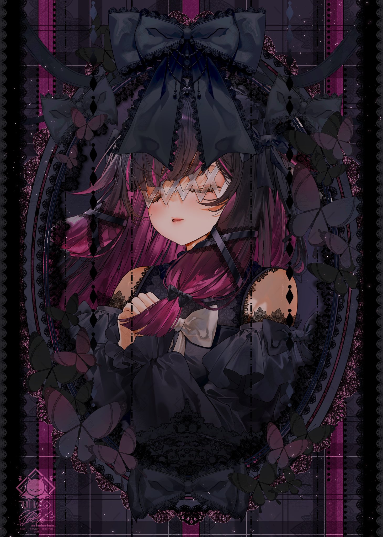 utsuhostoria, columbina (genshin impact), genshin impact, commentary, highres, 1girl, alternate costume, black bow, black dress, black hair, bow, closed eyes, colored inner hair, dress, interlocked fingers, lolita fashion, long hair, long sleeves, multicolored hair, own hands clasped, own hands together, parted lips, praying, purple hair, solo, two-tone hair, upper body
