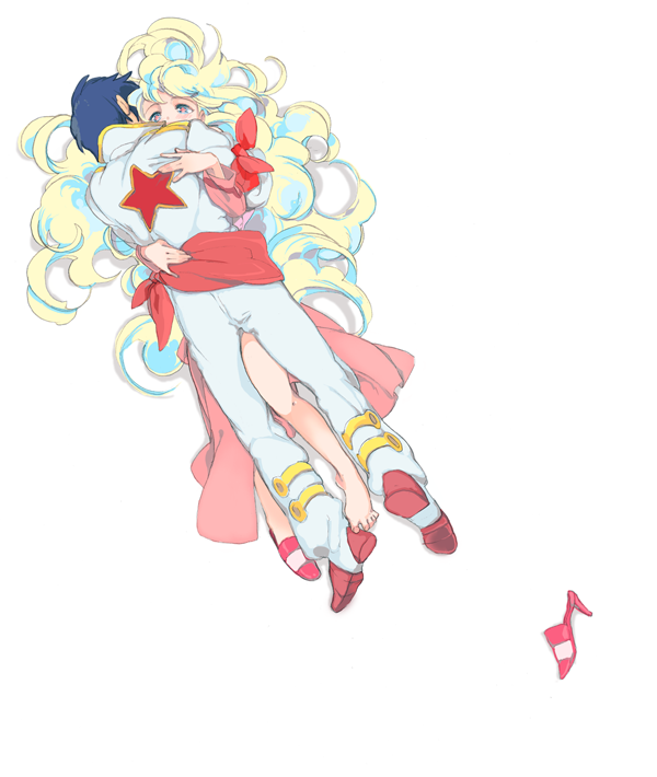 kanke (yonkuma), nia teppelin, simon (ttgl), tengen toppa gurren lagann, 00s, 1boy, 1girl, armband, barefoot, blue hair, couple, curly hair, hetero, high heels, hug, long hair, lying, multicolored hair, shoes, single shoe, star (symbol), very long hair