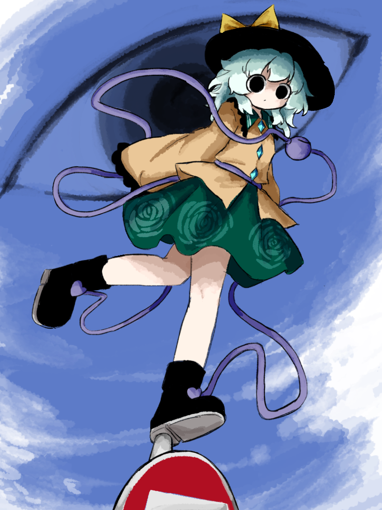 heripantomorrow, komeiji koishi, touhou, commentary request, 1girl, black boots, black eyes, black hat, blue sky, boots, bow, buttons, closed mouth, collared shirt, diamond button, disembodied eye, dot mouth, floral print, floral print skirt, frilled shirt collar, frilled sleeves, frills, from below, full body, green hair, green skirt, hat, hat bow, medium hair, print skirt, road sign, rose print, shirt, sign, skirt, sky, sleeves past fingers, sleeves past wrists, standing on object, third eye, yellow bow, yellow shirt