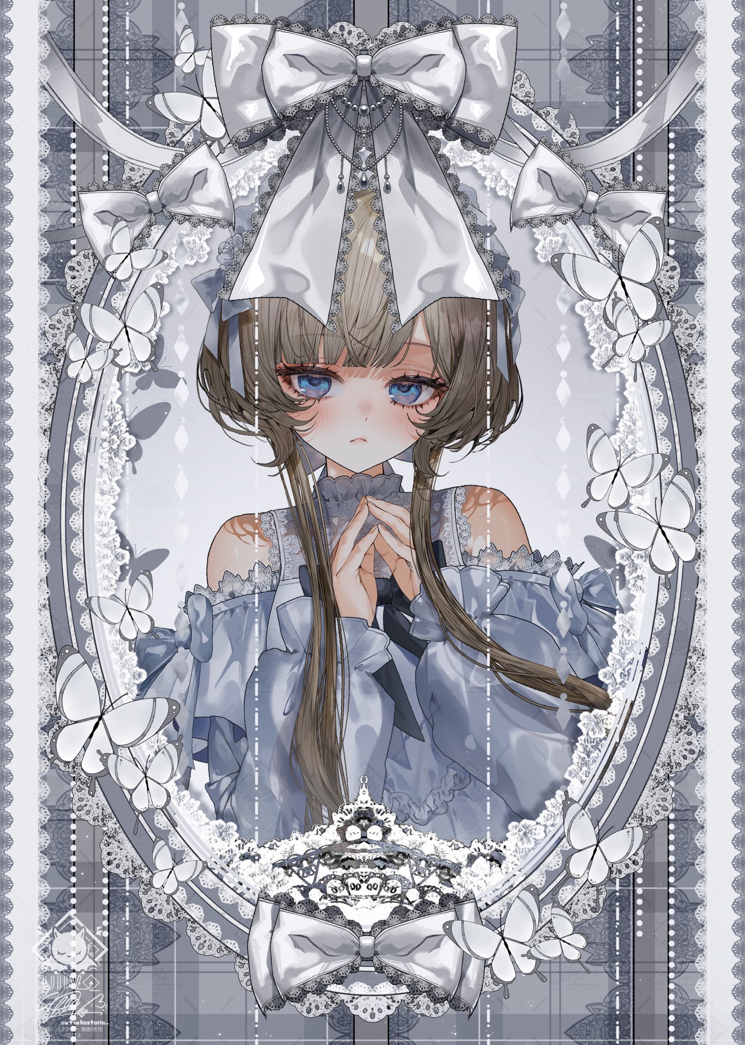 utsuhostoria, sandrone (genshin impact), genshin impact, commentary, highres, 1girl, alternate costume, bare shoulders, blue eyes, bow, brown hair, dress, floating hair, hands up, long sleeves, looking at viewer, short hair with long locks, solo, upper body, white bow, white dress, white headdress
