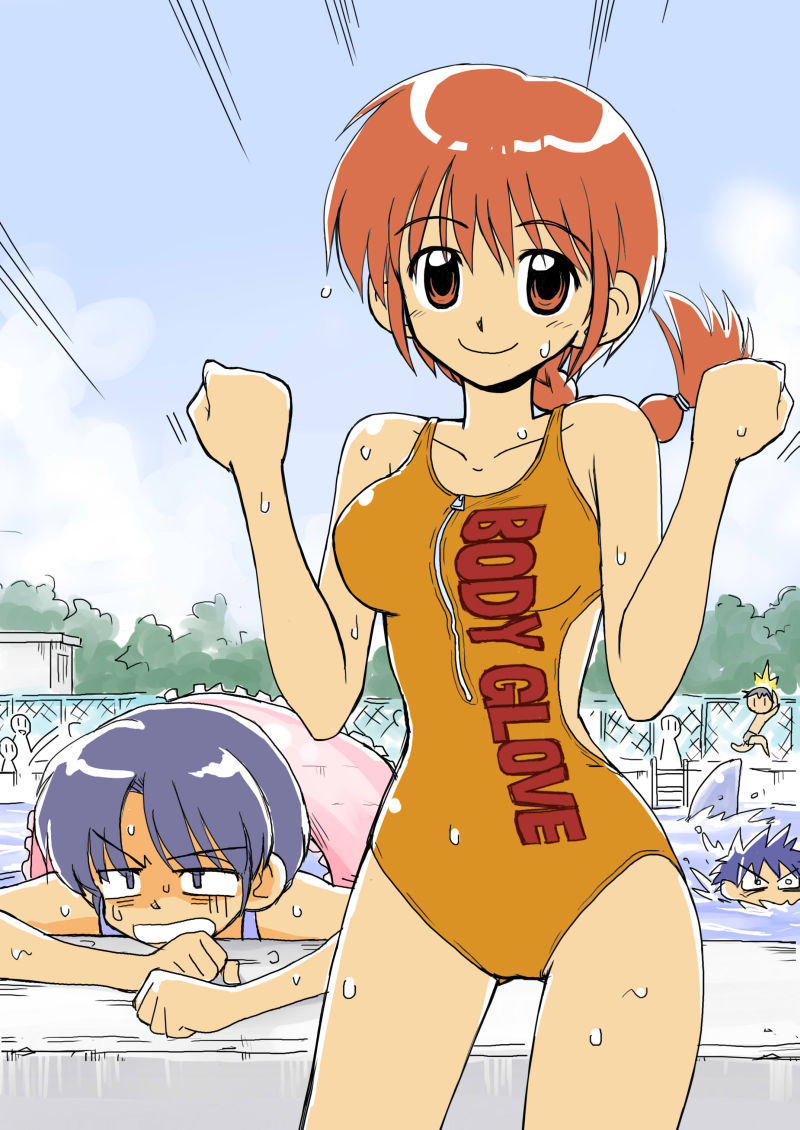 saotome ranma, tendou akane, ranma 1/2, blue eyes, blue hair, braid, innertube, pool, poolside, red eyes, red hair, short hair, single braid, swimsuit, water, wet
