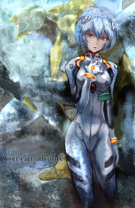 iwaya, ayanami rei, eva 00, evangelion: 2.0 you can (not) advance, neon genesis evangelion, rebuild of evangelion, 00s, 1girl, blue hair, brown eyes, female focus, mecha pilot suit, plugsuit (evangelion), short hair, solo