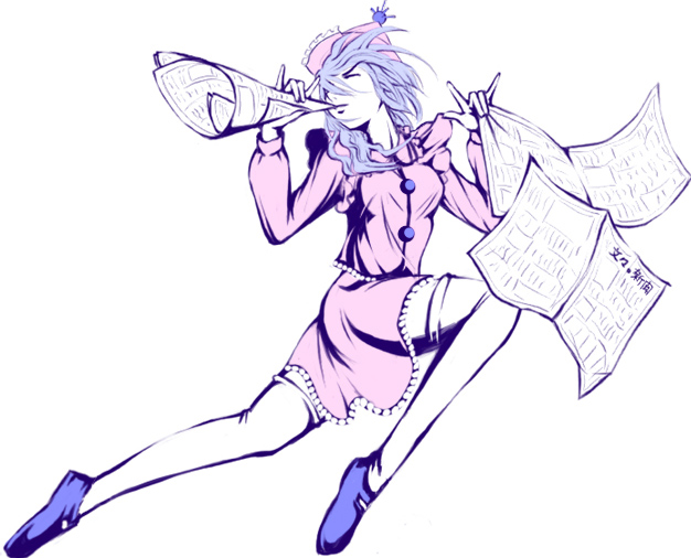 verynezumi, merlin prismriver, touhou, 1girl, female focus, full body, hat, newspaper, simple background, solo, thighhighs, white background