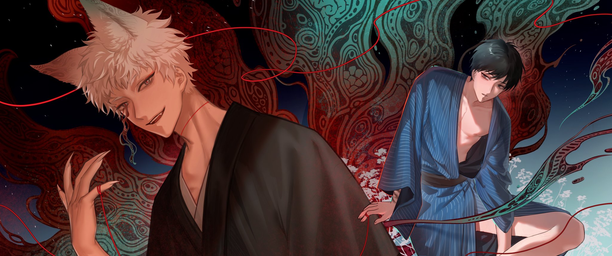 dichnhi1, indou hikaru, tsujinaka yoshiki, hikaru ga shinda natsu, highres, 2boys, alternate costume, bags under eyes, black hair, collarbone, eyeliner, fingernails, japanese clothes, looking at another, looking at viewer, makeup, male focus, mole, mole on cheek, mole under eye, mole under mouth, multiple boys, multiple moles, red eyeliner, scar, scar on neck, sharp fingernails, short eyebrows, short hair, skinny, thighs, white hair