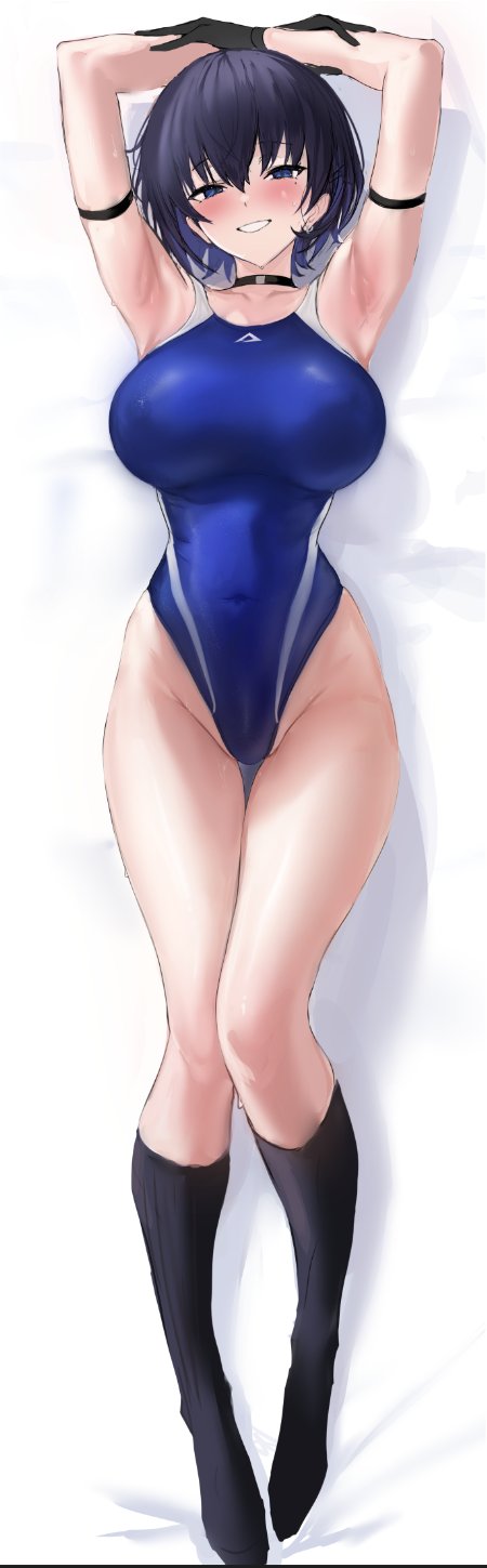 ulrich (tagaragakuin), original, commentary request, highres, 1girl, arm strap, armpits, bed sheet, black choker, black gloves, black socks, blue one-piece swimsuit, breasts, choker, competition swimsuit, dakimakura (medium), gloves, highleg, highleg one-piece swimsuit, kneehighs, large breasts, looking at viewer, lying, mole, mole under eye, on back, one-piece swimsuit, short hair, smile, socks, solo, swimsuit, two-tone swimsuit, umise aoba (ulrich)