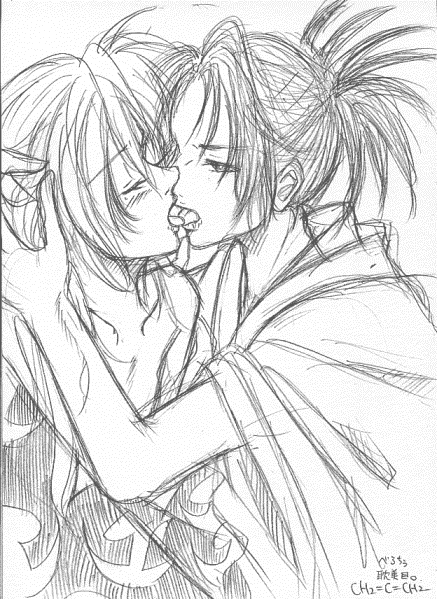 character request, blush, japanese clothes, kiss, male focus, sketch, tongue, yaoi