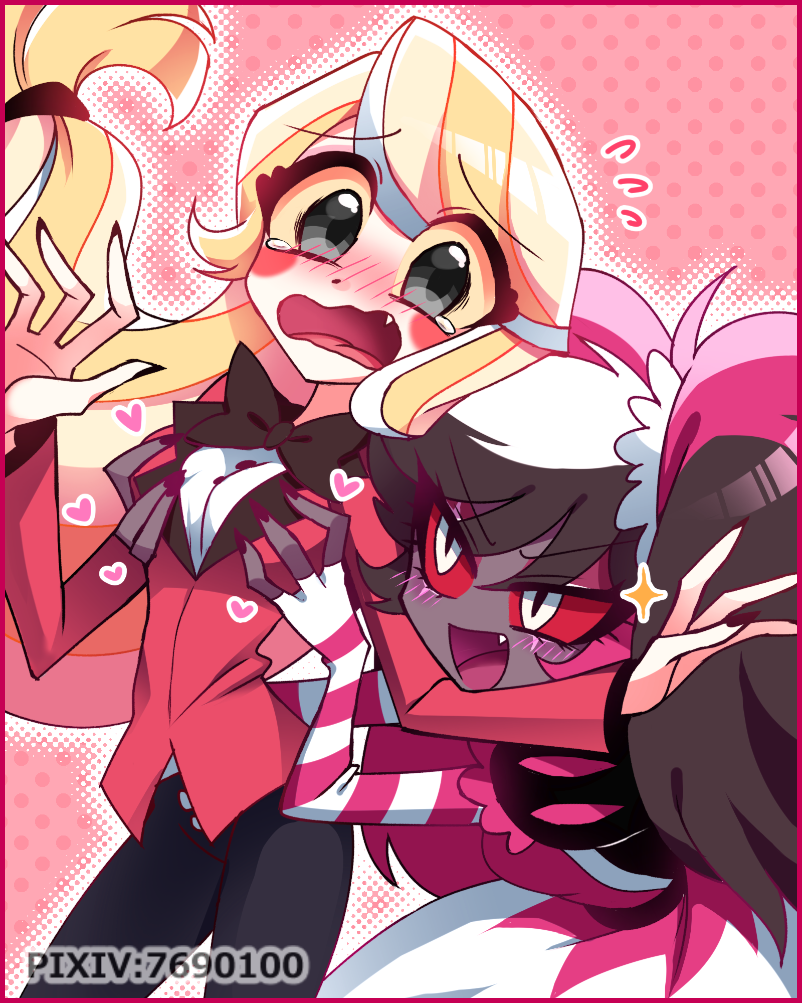 menattou, charlie morningstar, velvette (hazbin hotel), hazbin hotel, hellaverse, commentary request, highres, 2girls, :d, black bow, black bowtie, black eyes, black nails, black pants, black shirt, blonde hair, blush, border, bow, bowtie, breasts, brown hair, buttons, circle facial mark, colored sclera, cowboy shot, dark-skinned female, dark skin, dress, eyes visible through hair, eyeshadow, fang, fewer digits, fingerless gloves, flying sweatdrops, frilled sleeves, frills, gloves, grabbing another's breast, groping, hair between eyes, hair tie, halftone, halftone background, heart, jacket, long hair, looking at another, looking at viewer, low-tied long hair, makeup, multicolored hair, multiple girls, nail polish, open mouth, outline, pants, pink background, pink dress, pink eyeshadow, pink gloves, pink hair, pink nails, pixiv id, polka dot, polka dot background, prototype design, puff and slash sleeves, puffy short sleeves, puffy sleeves, raised inner eyebrows, reach-around, red border, red jacket, red sclera, shirt, short sleeves, simple background, small breasts, smile, standing, strapless, strapless dress, streaked hair, striped clothes, striped gloves, swept bangs, tareme, tearing up, tongue, traditional bowtie, tsurime, twintails, two-tone dress, two-tone gloves, two-tone hair, v-shaped eyebrows, very long hair, wavy mouth, white dress, white eyes, white gloves, white hair, white outline, white shirt, yellow sclera