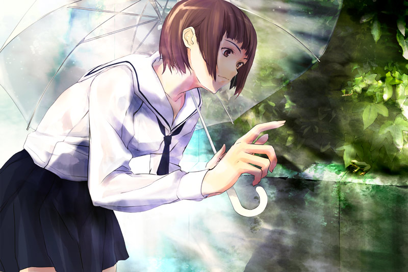 non-web source, bent over, bob cut, brown eyes, brown hair, frog, leaf, school uniform, skirt, umbrella