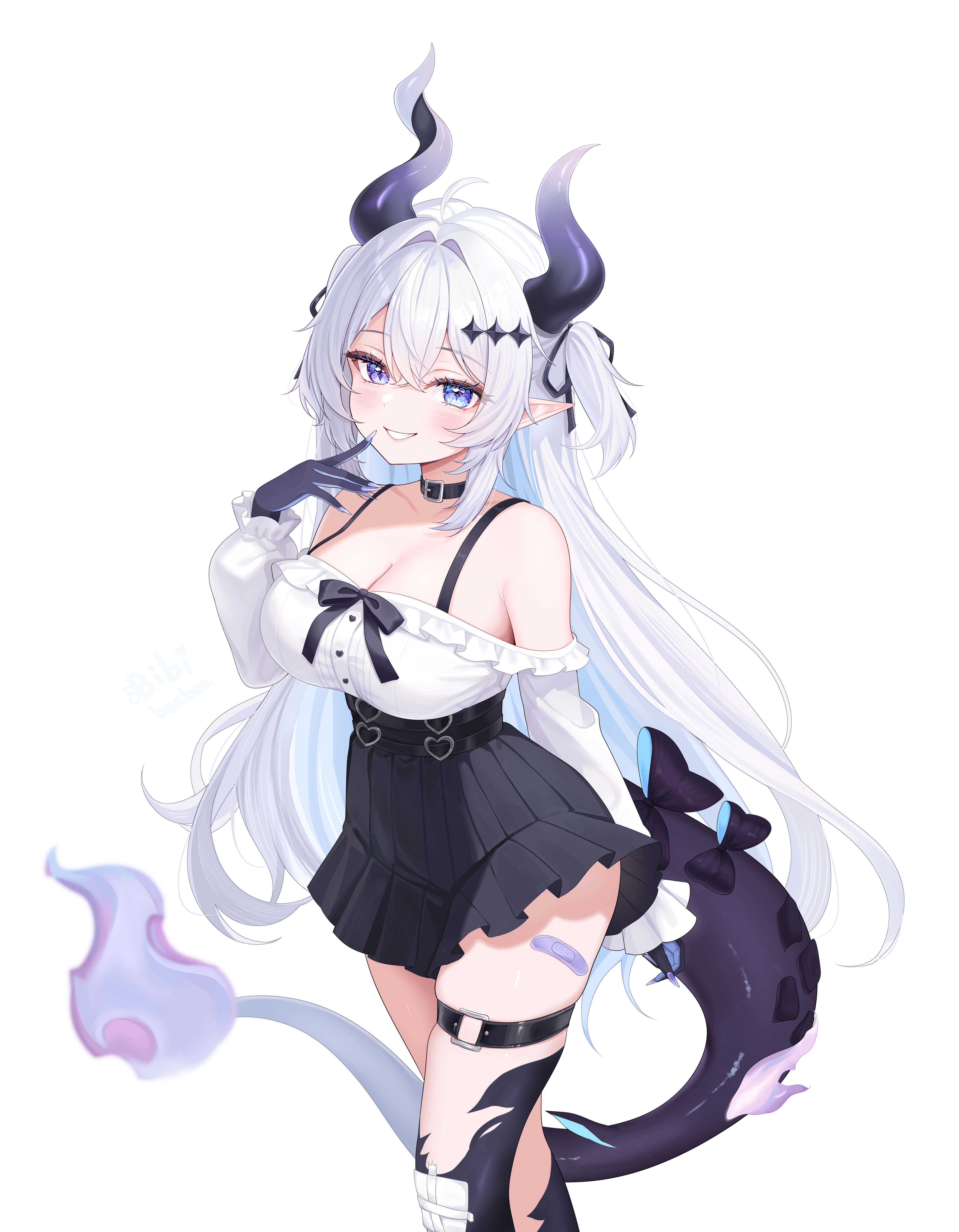 bibixart, vaipyre (vtuber), indie virtual youtuber, absurdres, commentary, commission, highres, 1girl, ahoge, asymmetrical horns, bandaid on thigh, bare shoulders, belt collar, black horns, black ribbon, black skirt, blush, bow, breasts, buttons, cleavage, collar, collarbone, colored extremities, colored inner hair, crossed bangs, diamond-shaped pupils, diamond (shape), dragon girl, dragon horns, dragon tail, fingernails, fire, flame-tipped tail, frilled shirt, frills, gauze on knee, grin, hair between eyes, hair intakes, hair ornament, hand up, heart, heart button, heart o-ring, high-waist skirt, horns, large breasts, long fingernails, long hair, long sleeves, looking at viewer, mismatched horns, multicolored hair, o-ring, off-shoulder shirt, off shoulder, parted lips, pleated skirt, pointy ears, purple eyes, ribbon, shirt, sidelocks, simple background, skirt, smile, solo, standing, star (symbol), star hair ornament, symbol-shaped pupils, tail, tail bow, tail ornament, thighs, two side up, very long hair, virtual youtuber, white background, white hair