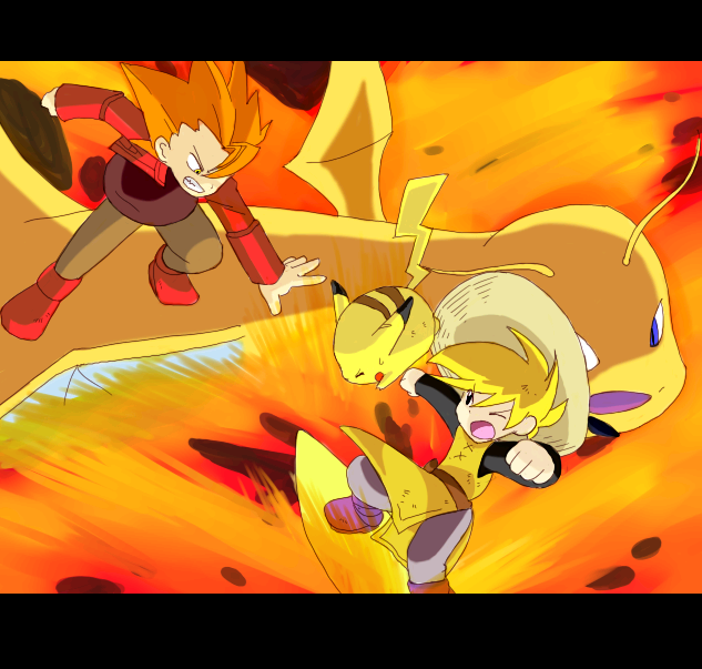 4rukuro, dragonite, lance (pokemon), pikachu, yellow (pokemon), nintendo, pokemon, pokemon adventures, pokemon rgby, pokemon special anime, 1990s (style), 1boy, 1girl, battle, blonde hair, dragon, gen 1 pokemon, hat, lava, letterboxed, pokemon (creature), red hair, retro artstyle, straw hat, surfboard