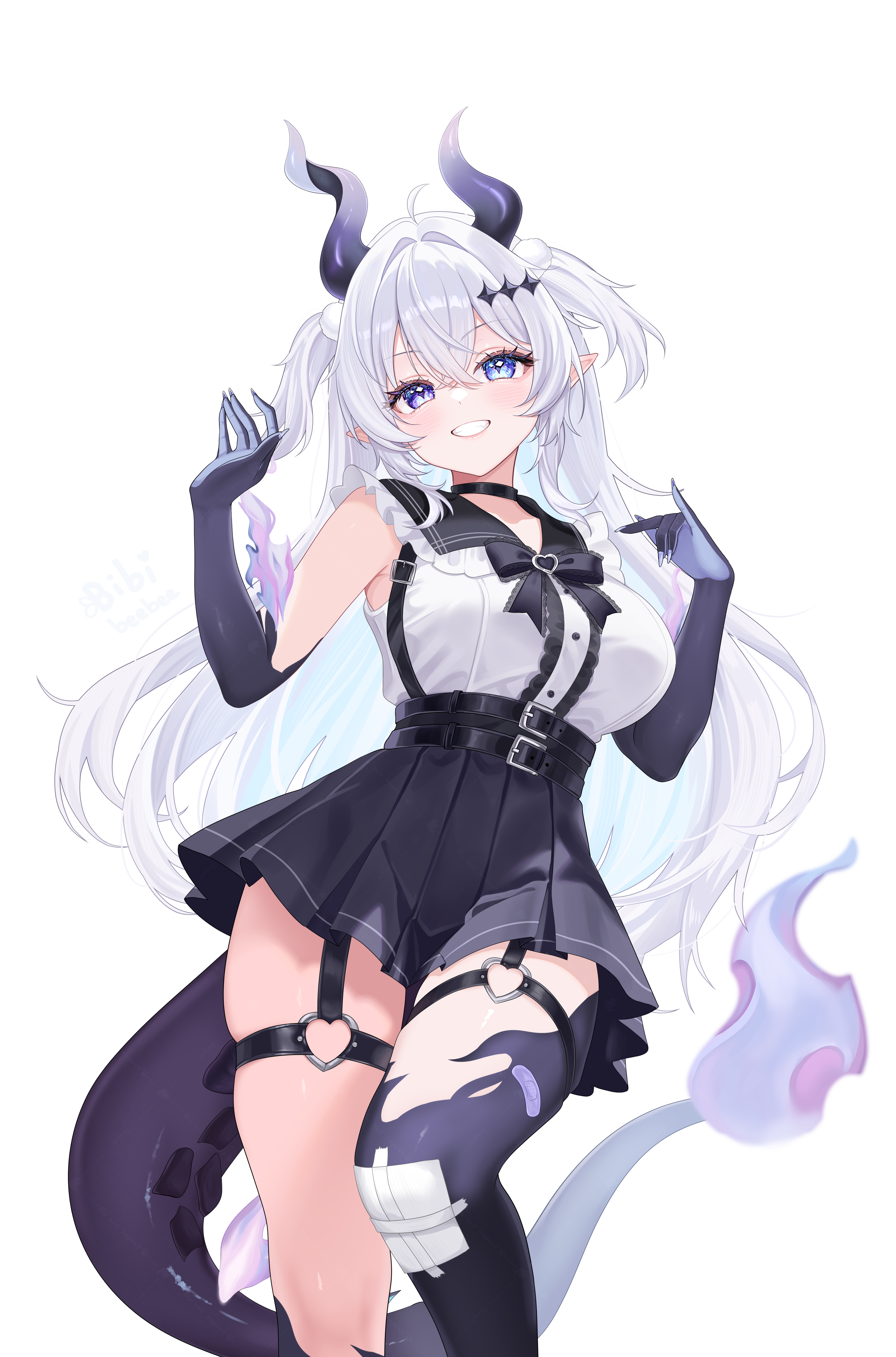 bibixart, vaipyre (vtuber), indie virtual youtuber, absurdres, commentary, commission, highres, 1girl, ahoge, asymmetrical horns, bandaid on thigh, belt, black belt, black bow, black bowtie, black choker, black horns, black skirt, blue hair, bow, bowtie, breasts, buttons, center frills, choker, colored extremities, colored inner hair, crossed bangs, diamond-shaped pupils, diamond (shape), dragon girl, dragon horns, dragon tail, fang, fingernails, fire, flame-tipped tail, frilled shirt, frills, gauze on knee, hair between eyes, hair ornament, hands up, head tilt, heart, heart o-ring, high-waist skirt, horns, large breasts, long fingernails, long hair, looking at viewer, mismatched horns, multicolored hair, o-ring, parted lips, pointy ears, pom pom (clothes), pom pom hair ornament, purple eyes, shirt, shirt bow, shirt tucked in, simple background, skirt, sleeveless, sleeveless shirt, smile, solo, standing, star (symbol), star hair ornament, symbol-shaped pupils, tail, teeth, thigh strap, thighs, two side up, very long hair, virtual youtuber, white background, white hair, white shirt