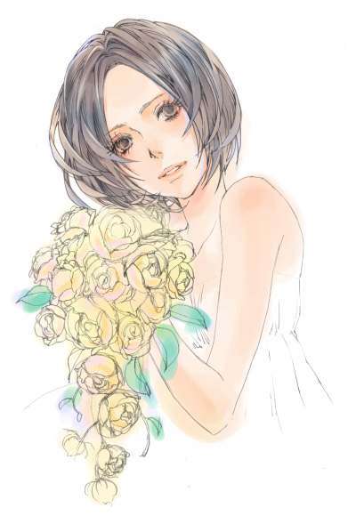 tsubakien, original, 1girl, bouquet, brown eyes, brown hair, female focus, flower, plant, simple background, solo, upper body, white background