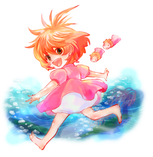 tsubakien, ponyo, 1girl, brown eyes, child, dress, female focus, full body, open mouth, orange hair, running, solo