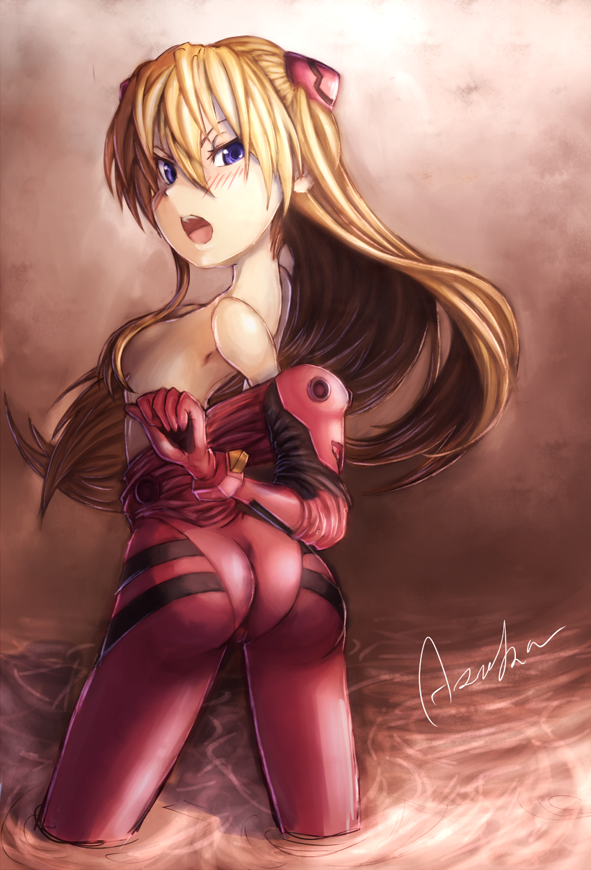 saltydanshark, souryuu asuka langley, neon genesis evangelion, highres, 1girl, ass, bad anatomy, bad proportions, blue eyes, blush, bodysuit, breasts, censored, convenient censoring, female focus, hair censor, long hair, mecha pilot suit, medium breasts, plugsuit (evangelion), poorly drawn, red hair, sideboob, solo, undressing