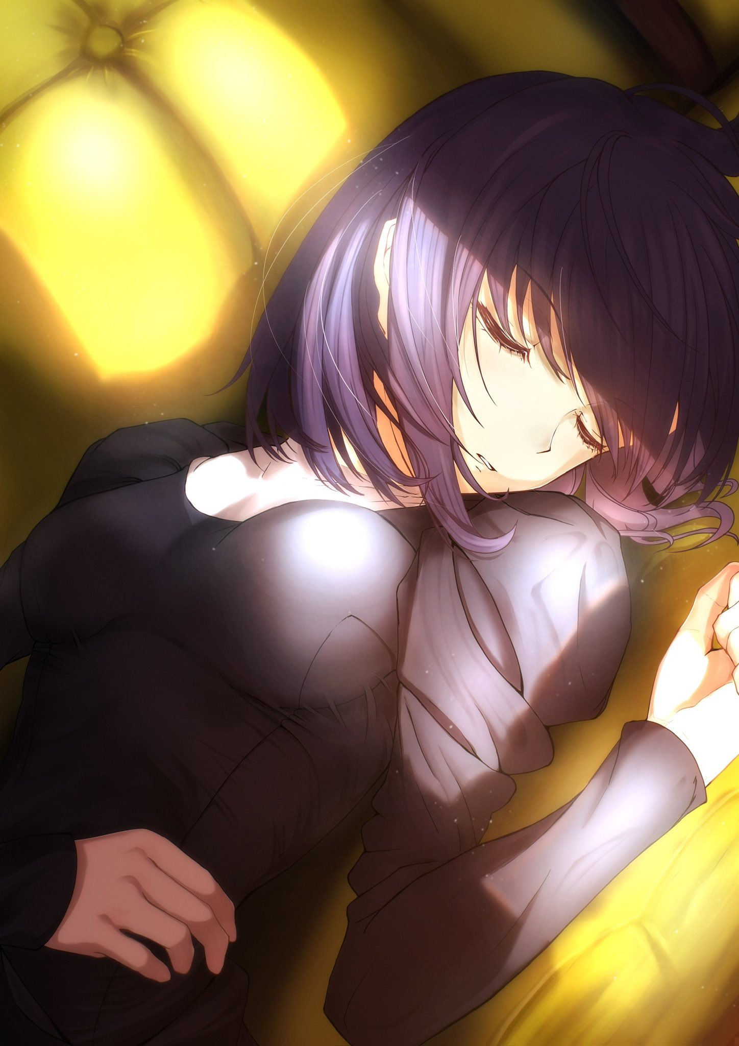 toomishou, kuonji alice, mahou tsukai no yoru, commentary, highres, 1girl, black dress, black hair, breasts, closed eyes, coach, dress, eyelashes, facing to the side, guimpe, hand on own stomach, lying, medium breasts, medium hair, on back, overlighting, parted lips, sleeping, solo