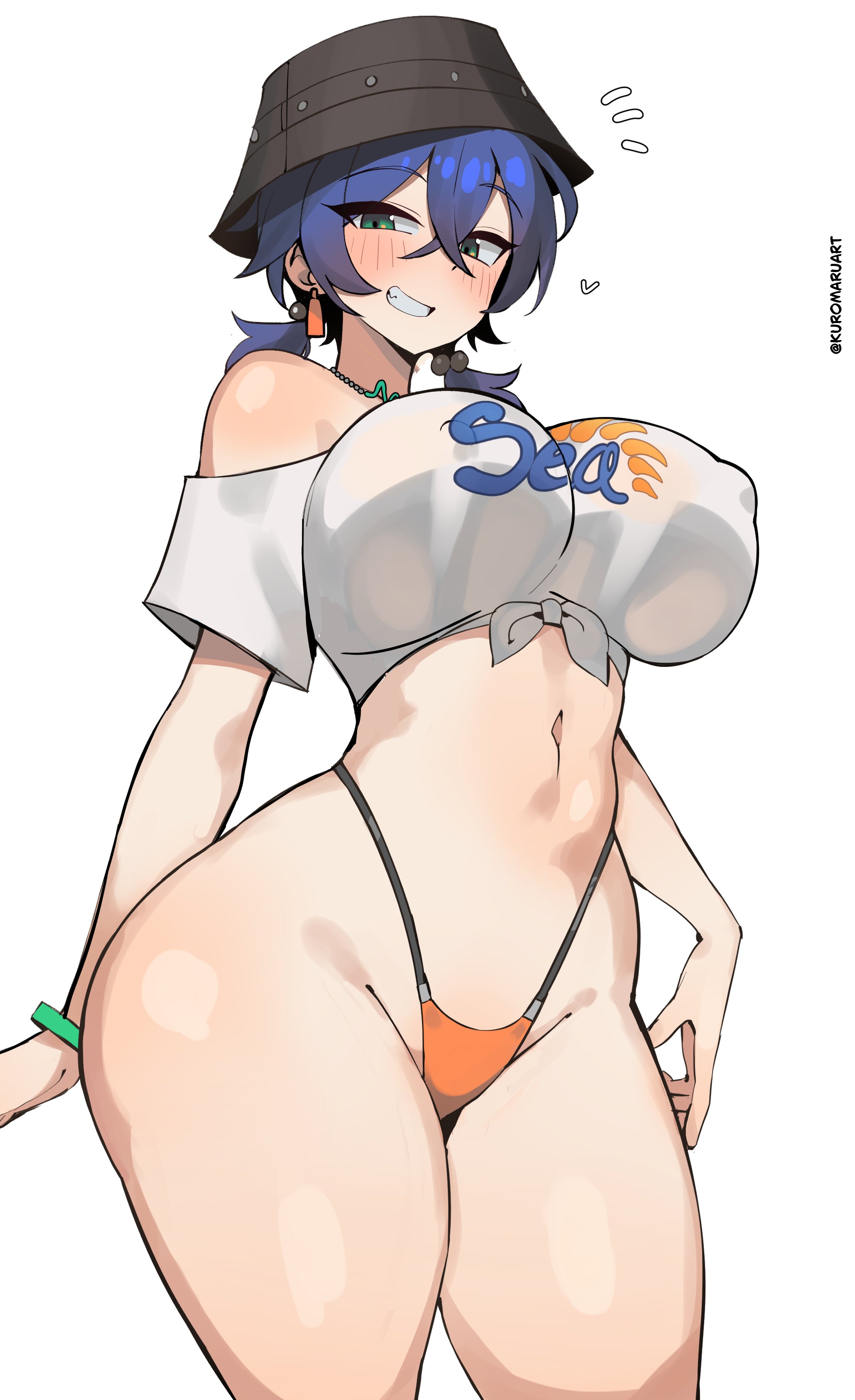 kuromaruart, belle (summer skies) (zenless zone zero), belle (zenless zone zero), zenless zone zero, absurdres, commentary, highres, 1girl, alternate breast size (larger), bikini, blue hair, blush, breasts, bucket hat, clothes writing, cowboy shot, crossed bangs, double-parted bangs, earrings, green eyes, grin, hair between eyes, hat, heart, jewelry, large breasts, looking at viewer, navel, notice lines, official alternate costume, orange bikini, shirt, short hair, simple background, smile, solo, stomach, swimsuit, thick thighs, thighs, tied shirt, white background, white shirt