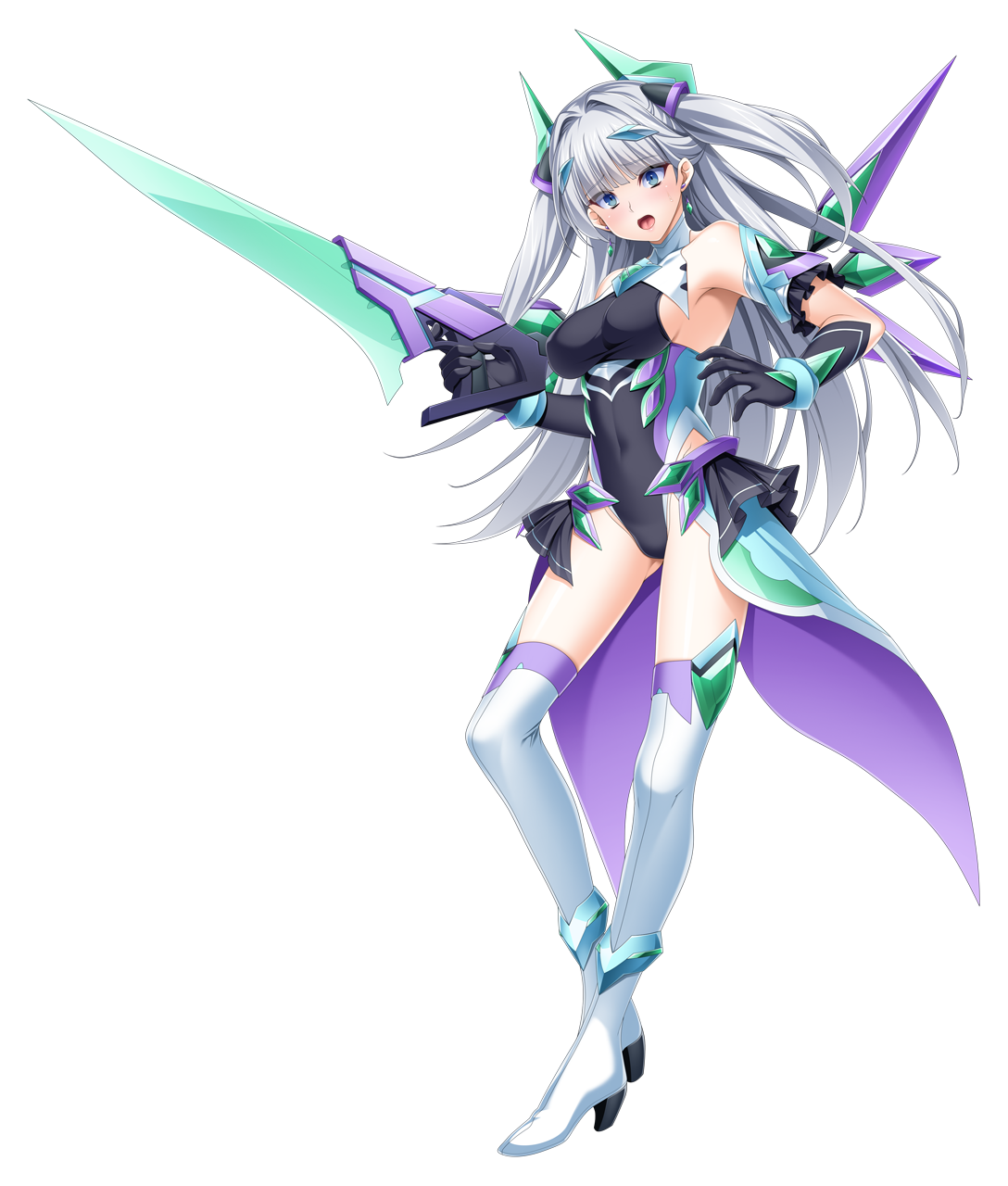 kamitsurugi ouka, exs-tia avalas, itakano shigure, kouyoku senki exs-tia concert, game cg, highres, large variant set, non-web source, official art, variant set, 1girl, black gloves, black leotard, blue eyes, boots, breasts, chest jewel, covered erect nipples, covered navel, earrings, elbow gloves, full body, gloves, grey hair, gun, gunblade, hair ornament, headgear, high heels, holding, holding gun, holding sword, holding weapon, jewelry, large breasts, leotard, long hair, looking at viewer, magical girl, open mouth, showgirl skirt, skin tight, solo, sword, tachi-e, thigh boots, thighhighs, transparent background, two side up, weapon