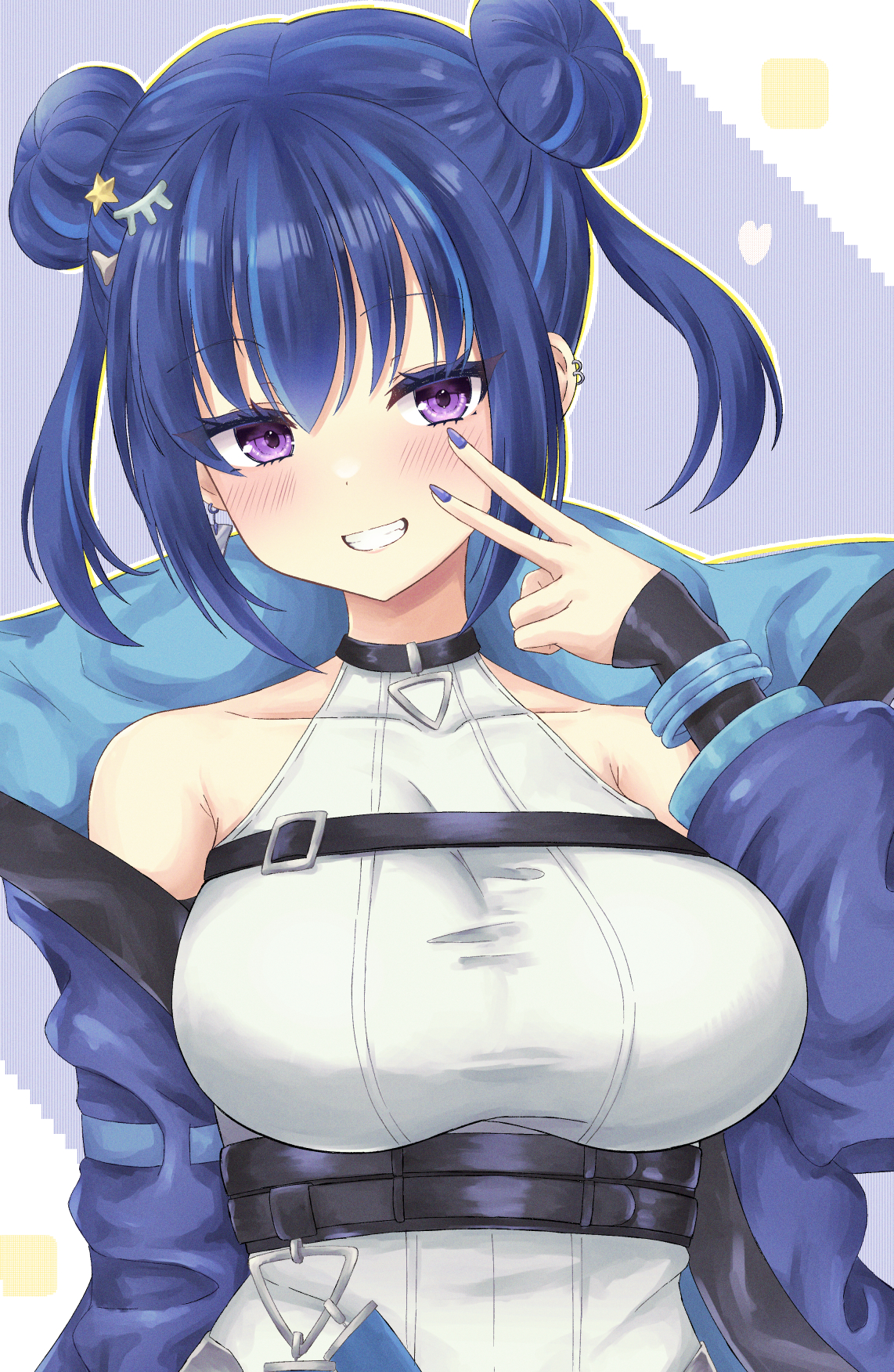 yuunagi (yunagi1373), evil twin lil-la, lil-la (yu-gi-oh!), yu-gi-oh!, highres, 1girl, blue hair, blue jacket, blue nails, blush, breasts, collarbone, double bun, duel monster, earpiece, hair between eyes, hair bun, hair ornament, jacket, large breasts, leotard, long hair, long sleeves, official alternate costume, official alternate hairstyle, parted lips, purple eyes, sleeveless, smile, solo, star (symbol), star hair ornament, teeth, upper body, white leotard