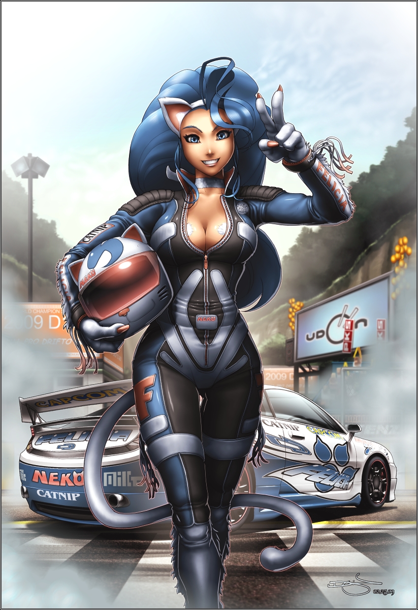 omar dogan, felicia (darkstalkers), capcom, darkstalkers, highres, tagme, 1girl, blue eyes, breasts, car, cleavage, female focus, happy, helmet, looking at viewer, motor vehicle, outdoors, race vehicle, racecar, racetrack, skin tight, sky, solo, v