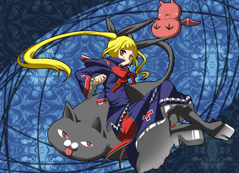 touboku, gii, nago, rachel alucard, arc system works, blazblue, 1girl, bat (animal), blonde hair, bow, cat, dress, female focus, gothic lolita, hair ribbon, lolita fashion, long hair, red bow, red eyes, ribbon, solo, thighhighs, twintails, vampire, very long hair