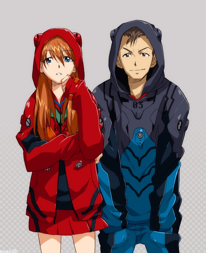 maeashi, souryuu asuka langley, suzuhara touji, neon genesis evangelion, 1boy, 1girl, adapted costume, blue eyes, brown hair, hood, hoodie, jacket, long hair, mecha pilot suit, plugsuit (evangelion), red hair, short hair