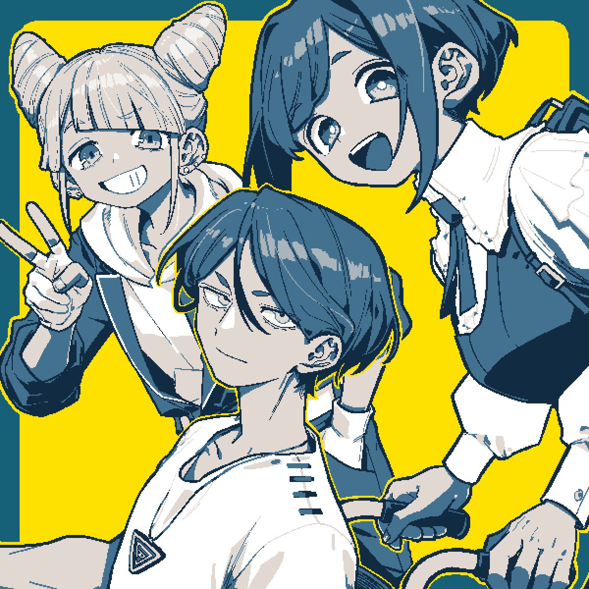 100387l, fukurai azami, jasmine (toshi densetsu kaitai center), meguriya ayumu, toshi densetsu kaitai center, commentary request, highres, second-party source, 1boy, 2girls, :d, blue hair, collared shirt, cone hair bun, diagonal bangs, double bun, frilled shirt, frilled sleeves, frills, gloves, grin, hair bun, hood, hood down, jaggy lines, limited palette, long sleeves, looking at viewer, multiple girls, open mouth, outline, partially fingerless gloves, shirt, short hair, smile, standing, triangle necklace, upper body, v, wheelchair