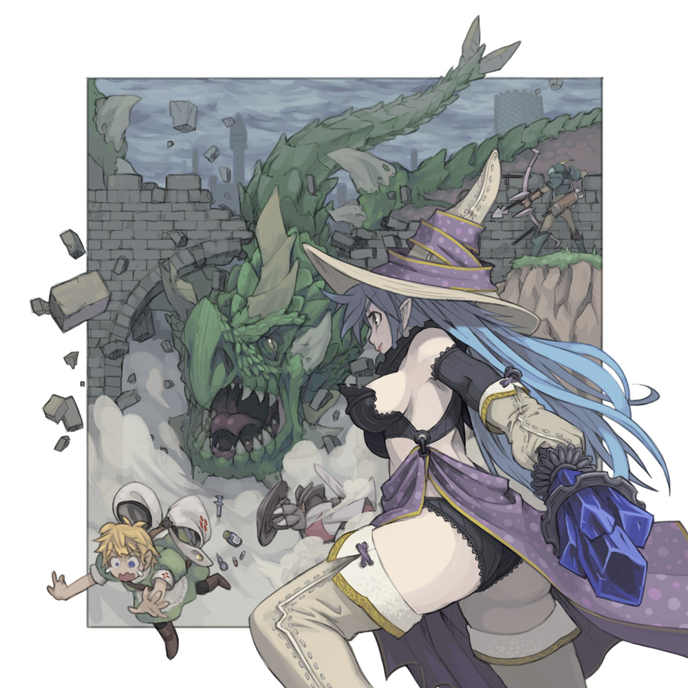 maruta kentarou, original, 2boys, 2girls, ass, blue hair, breasts, cleric, crystal, dragon, fantasy, hat, large breasts, long hair, multiple boys, multiple girls, panties, pointy ears, sideboob, thighhighs, underwear, witch hat