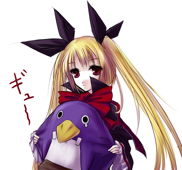 syarute, prinny, rachel alucard, arc system works, blazblue, disgaea, nippon ichi, resized, blonde hair, crossover, dress, frills, gothic lolita, hair ribbon, lolita fashion, long hair, pixiv thumbnail, red eyes, ribbon, twintails, vampire