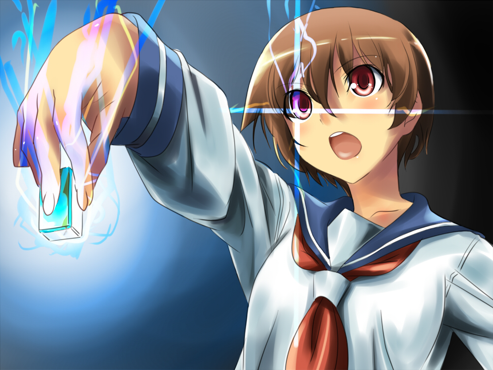mas (5734ghji), miyanaga saki, saki (manga), 00s, 1girl, board game, female focus, holding, holding mahjong tile, mahjong, mahjong tile, red eyes, school uniform, serafuku, short hair, solo