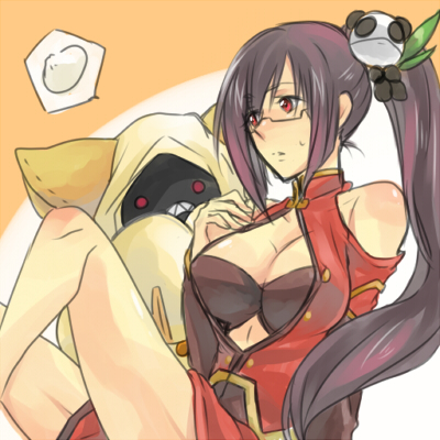 akeyume, lao jiu, litchi faye ling, taokaka, arc system works, blazblue, blazblue: calamity trigger, lowres, 2girls, animal ears, animal hood, black hair, breasts, cat ears, cat hood, china dress, chinese clothes, cleavage, cleavage cutout, clothing cutout, dress, food, glasses, hair ornament, hood, hoodie, hungry, large breasts, long hair, multiple girls, panda, ponytail, purple eyes, red eyes, steamed bun, very long hair