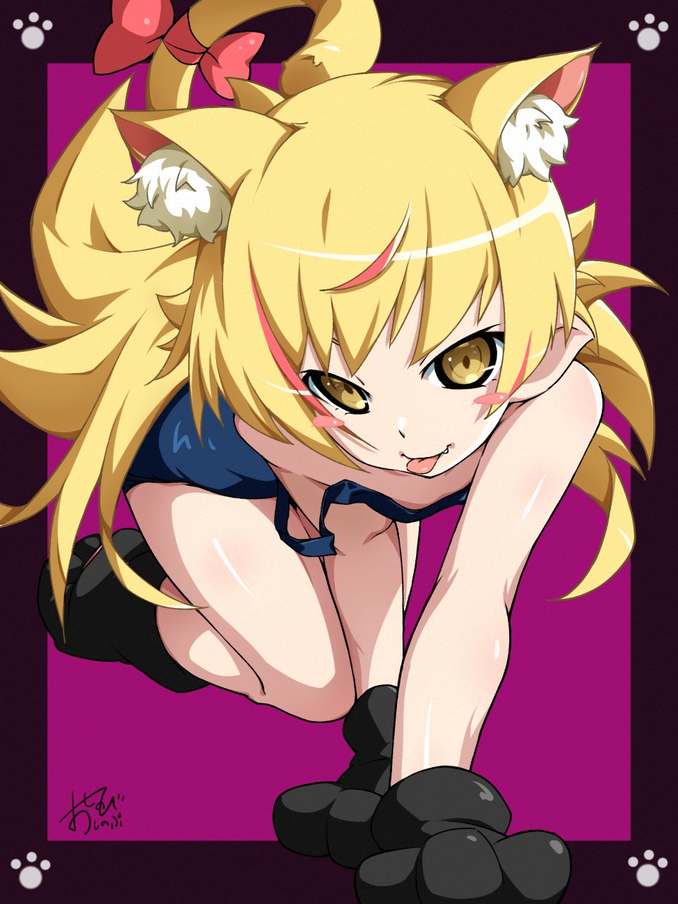 oshinobi shinobu, oshino shinobu, monogatari (series), commentary request, highres, 1girl, all fours, animal ear fluff, animal ears, animal hands, bare arms, bare legs, black border, black gloves, black one-piece swimsuit, black shoes, blonde hair, blush stickers, border, bow, breasts, cat ears, cat paws, cat tail, dot nose, fang, flat chest, flipped hair, foreshortening, gloves, hair flaps, kneeling, leaning forward, legs together, long hair, multicolored hair, one-piece swimsuit, outside border, paw ornament, paw shoes, pointy ears, purple background, red bow, school swimsuit, shoes, shoulder blush, sidelocks, signature, small breasts, smile, solo, strap slip, streaked hair, swimsuit, tail, tail bow, tail ornament, tongue, tongue out, tsurime, very long hair