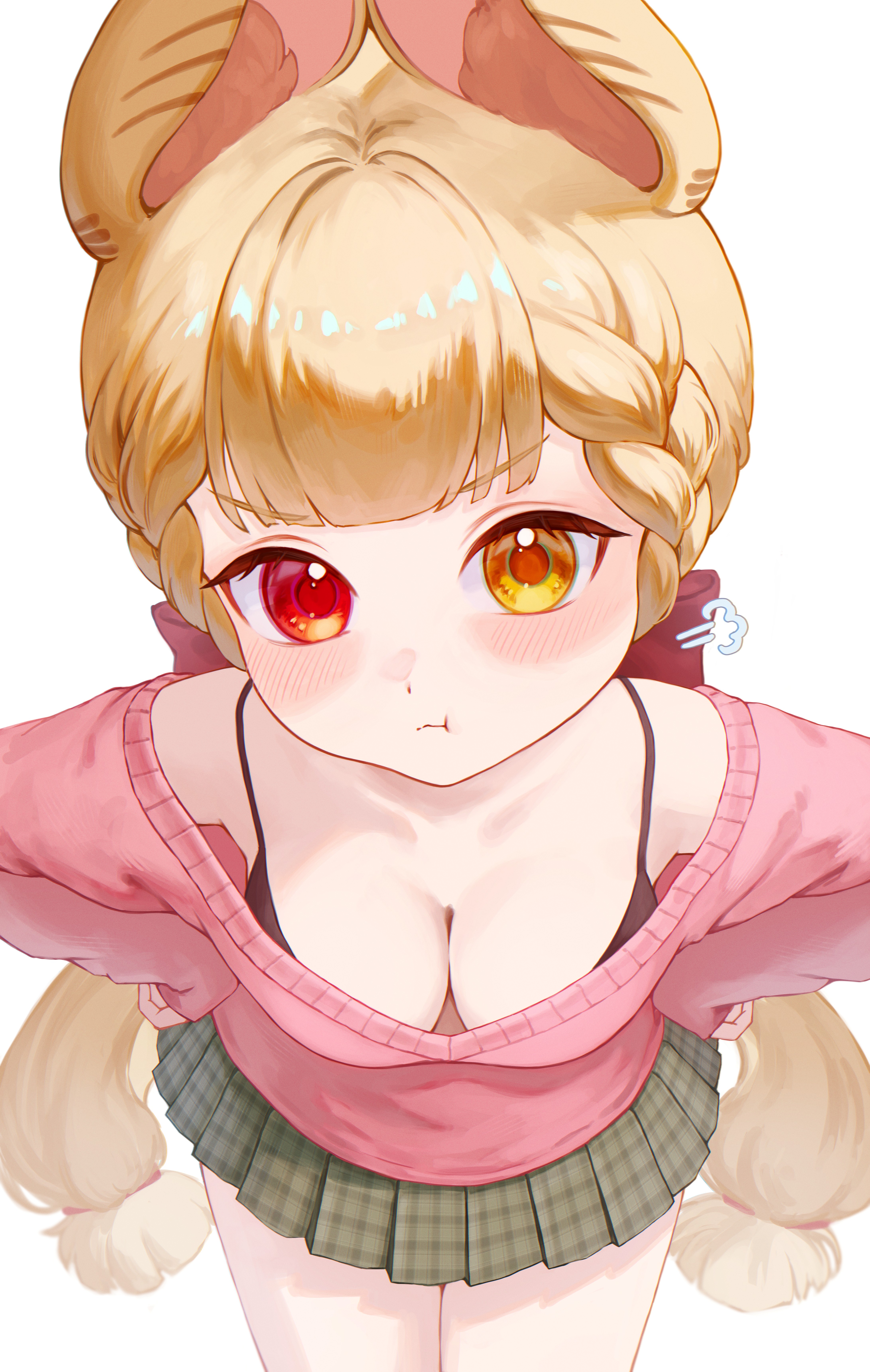 yamisroot, alice thymefield, zenless zone zero, absurdres, commentary, highres, 1girl, :t, alternate costume, animal ears, black bra, blonde hair, blush, bra, breasts, cleavage, closed mouth, from above, green skirt, hands on own hips, heterochromia, large breasts, long hair, looking at viewer, pink sweater, pleated skirt, pout, puff of air, red eyes, simple background, skirt, solo, sweater, twintails, underwear, very long hair, white background, yellow eyes