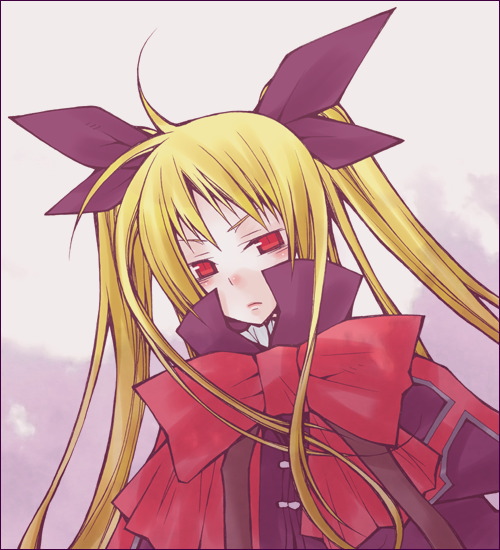 xicero, rachel alucard, arc system works, blazblue, 1girl, blonde hair, bow, dress, female focus, gothic lolita, hair ribbon, lolita fashion, red bow, red eyes, ribbon, slit pupils, solo, twintails, vampire