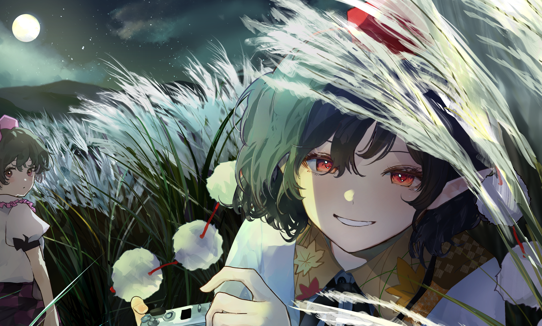 eneshi, himekaidou hatate, shameimaru aya, touhou, commentary request, highres, plant request, 2girls, black hair, black skirt, brown hair, camera, checkered clothes, checkered skirt, collared shirt, full moon, hat, holding, holding camera, leaf print, looking at viewer, maple leaf print, moon, multiple girls, night, night sky, outdoors, pink shirt, pom pom (clothes), print shirt, puffy short sleeves, puffy sleeves, purple hat, purple skirt, red eyes, red hat, shirt, short sleeves, skirt, sky, smile, star (sky), tokin hat, two-tone skirt, white shirt