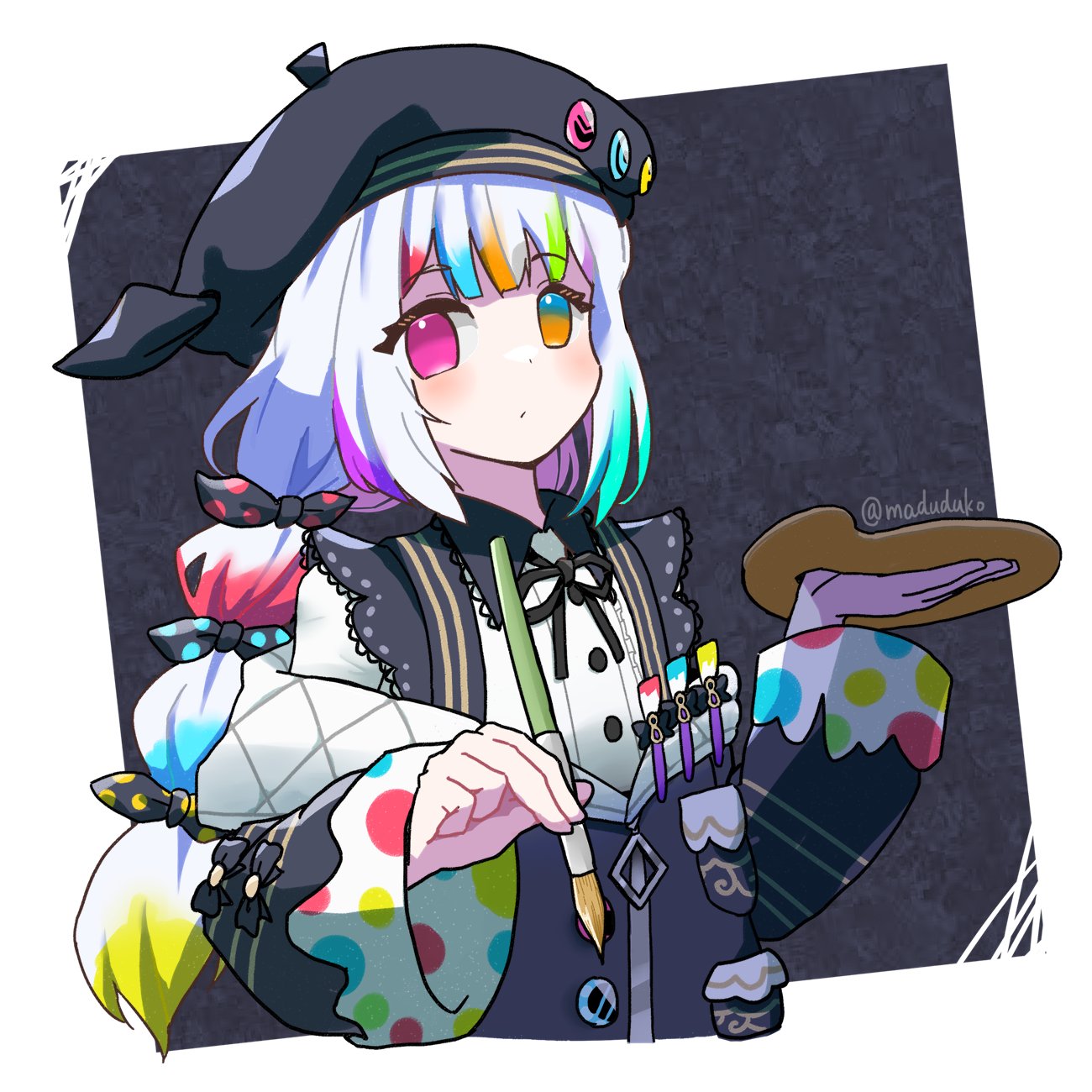 jogasaki noah, mahou shoujo no majo saiban, commentary request, highres, 1girl, artist painter, beret, blunt bangs, bow, closed mouth, hat, heterochromia, holding, holding paint palette, long hair, long sleeves, looking at viewer, madudu, multi-tied hair, multicolored hair, neck ribbon, paint palette, paintbrush, pink eyes, polka dot, polka dot bow, ribbon, solo, streaked hair, upper body, white hair, yellow eyes