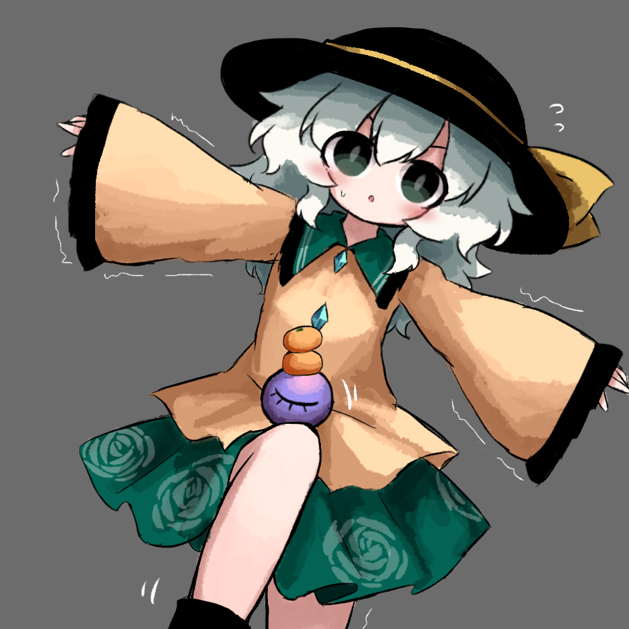 heripantomorrow, komeiji koishi, touhou, commentary request, 1girl, :o, balancing, black eyes, black hat, blush, bow, buttons, collared shirt, diamond button, floral print, floral print skirt, food, frilled shirt collar, frilled sleeves, frills, fruit, green eyes, green hair, green skirt, grey background, hat, hat bow, knee up, leg up, long hair, orange (fruit), outstretched arms, print skirt, rose print, shirt, simple background, skirt, solo, spread arms, sweatdrop, third eye, trembling, yellow bow, yellow shirt