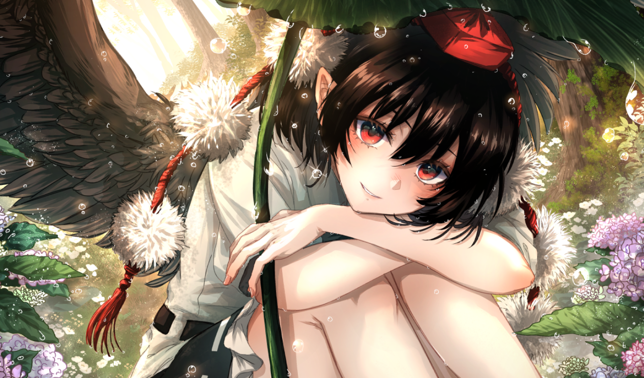 soukou (artist), shameimaru aya, touhou, commentary request, 1girl, bird wings, black skirt, black wings, brown hair, feathered wings, flower, frilled skirt, frills, hat, holding, holding leaf, hugging own legs, hydrangea, leaf, leaf umbrella, looking at viewer, pink flower, pointy ears, pom pom (clothes), puffy short sleeves, puffy sleeves, purple flower, rain, red eyes, red hat, shirt, short sleeves, skirt, smile, solo, tokin hat, white shirt, wings