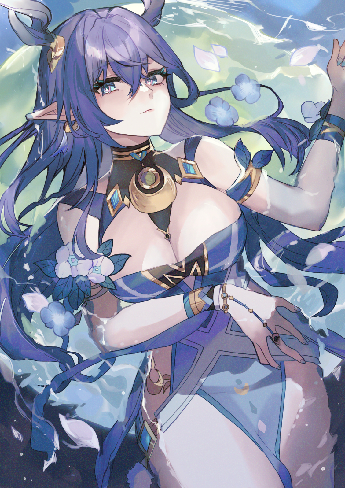 purin uni, lauma (genshin impact), genshin impact, commentary request, highres, 1girl, armlet, blue dress, blue hair, blue nails, breasts, cleavage, closed mouth, dress, flower, green eyes, hair between eyes, horns, jewelry, large breasts, long hair, pelvic curtain, pointy ears, very long hair, water, white flower