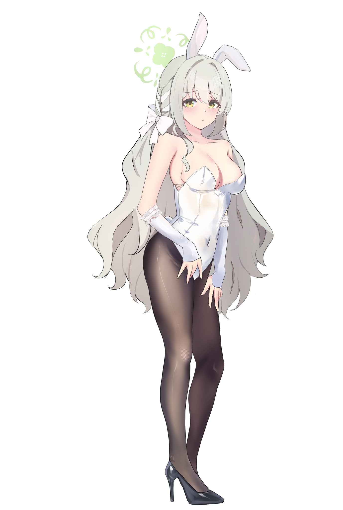 aramocyaillust, miyo (blue archive), blue archive, commentary request, highres, 1girl, :o, animal ears, arm at side, black hiphighs, black shoes, bow, breasts, covered navel, detached sleeves, fake animal ears, full body, green halo, grey hair, hair bow, halo, hands on own thighs, high heels, hiphighs, large breasts, leotard, light blush, long hair, long sleeves, looking at viewer, parted lips, playboy bunny, rabbit ears, raised inner eyebrows, shoes, simple background, solo, standing, strapless, strapless leotard, very long hair, wavy hair, white background, white leotard, white sleeves, yellow eyes