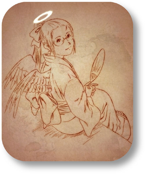 aaru sentou shuudan, hikari (haibane renmei), haibane renmei, 00s, 1girl, bed, brown theme, female focus, glasses, halo, hand fan, japanese clothes, kimono, monochrome, paper fan, ponytail, rounded corners, sandals, sitting, solo, traditional halo, wings, zouri